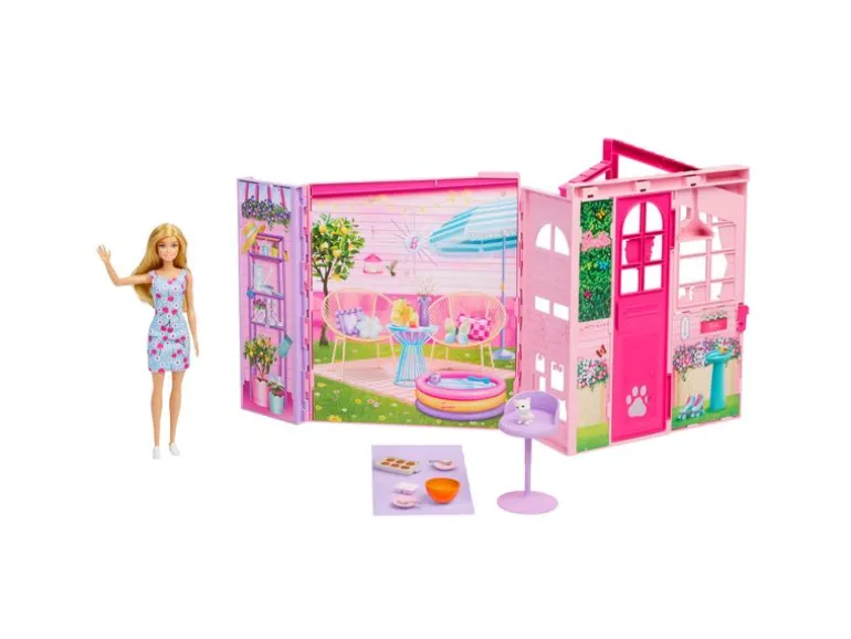 Barbie Barbie Wochenend-Haus mit Puppe, 30 cm, 4 Spielbereiche