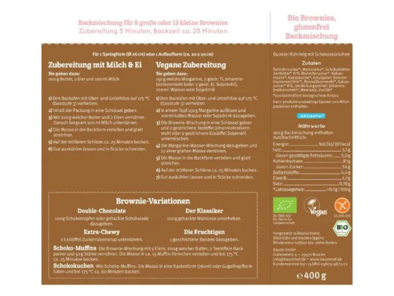 Bauck Mühle Backmischung Brownies glutenfrei 400 g