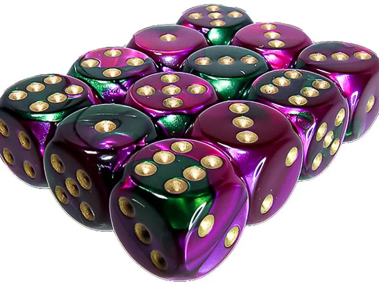 Chessex Würfelset Gemini 16 mm d6 Grün-Lila/Gold 12 Stk.