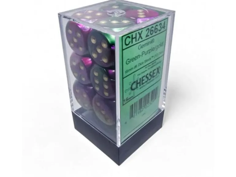 Chessex Würfelset Gemini 16 mm d6 Grün-Lila/Gold 12 Stk.