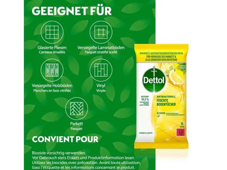 Dettol Feuchte Bodentücher Zitrone & Limette 15 Stück