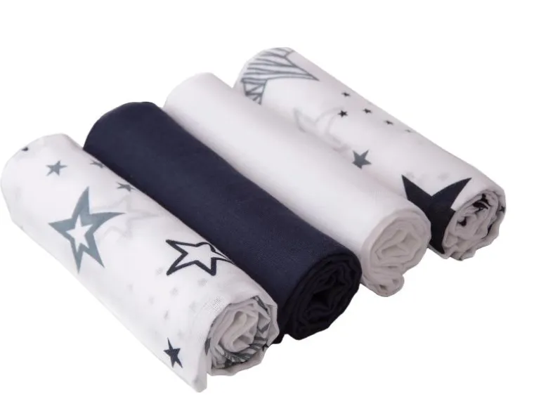 MAKIAN Mulltuch 4-er Set 80 x 80 cm Marine und Weiss Sterne
