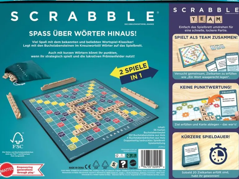 Mattel Spiele Scrabble Original Holz 2 in 1 , 2-4 Spieler – DE -