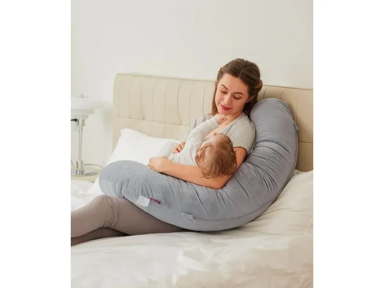 momcozy F-förmiges Schwangerschaftskissen Samt, Grau, 148 x 78 cm