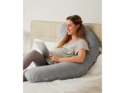 momcozy F-förmiges Schwangerschaftskissen Samt, Grau, 148 x 78 cm