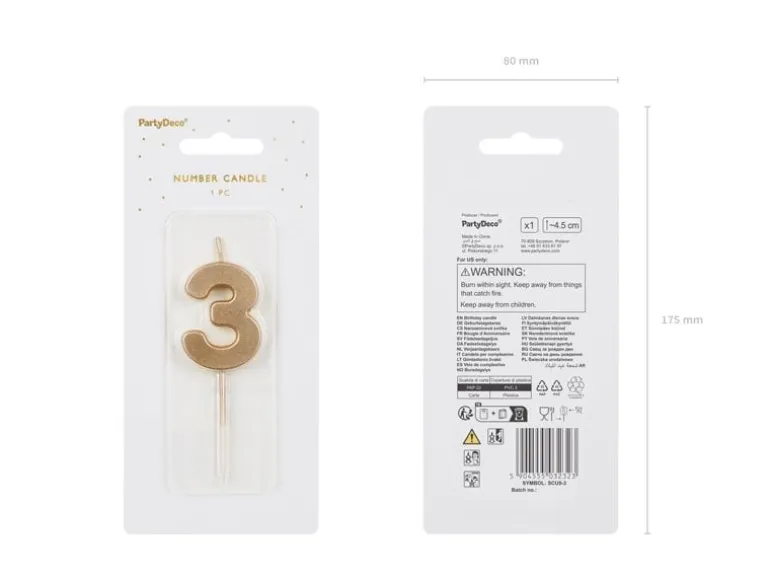 Partydeco PartyDeco Geburtstagskerze Ziffer 3 Gold 1 Stück