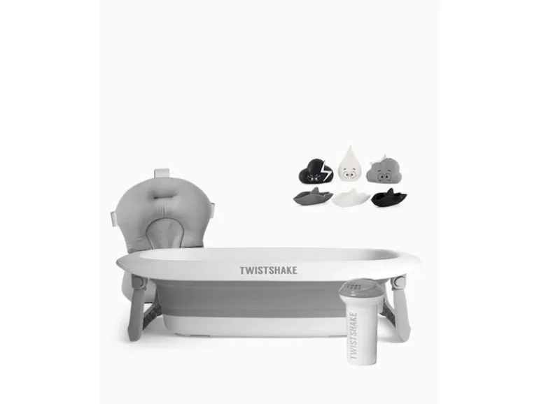 Twistshake Baby Badewanne + Kissen & Rinser & 3 Badetiere Pastel Grey